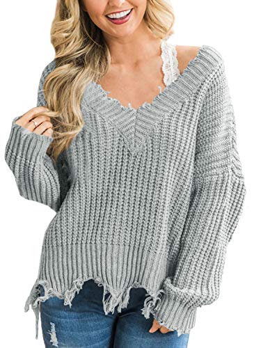 Women's Ripped Solid Color V Neck Pullover Sweaters Long Sleeve Casual Off Shoulder Crop Tops Grey XL