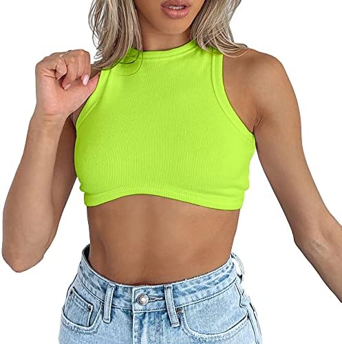 Dwnval Sexy Sleeveless Crewneck Ribbed Knitted Tank Crop Tops for Women(Neon Green,S)