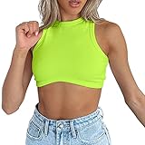 Dwnval Sexy Sleeveless Crewneck Ribbed Knitted Tank Crop Tops for Women(Neon Green,S)