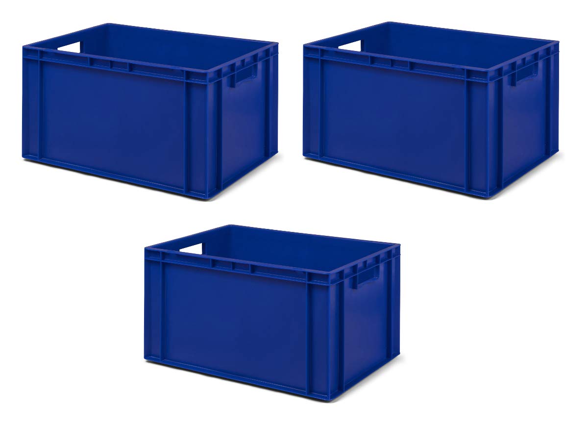 1a-TopStore 3 Stk. Transport-Stapelkasten TK632-0, blau, 600x400x320 mm (LxBxH), aus PP, Volumen: 61 Liter, Traglast: 60 kg, lebensmittelecht, made in Germany, Industriequalität