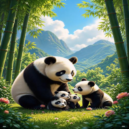 Image of RUMPS Panda Family Double Bedsheet with 2 Pillow Covers | Super Soft Glace Cotton Bed Sheet | Kids Cartoon Panda & Nature Print | King Size Bedsheet for Bedroom | Green & Blue 90x100 Inch Bed Sheet