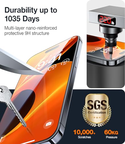 TORRAS [Full Screen Tempered Glass for iPhone 15 Pro Max Screen Protector 12FT Military Shatterproof, 9H Anti-Scratch - Image 4