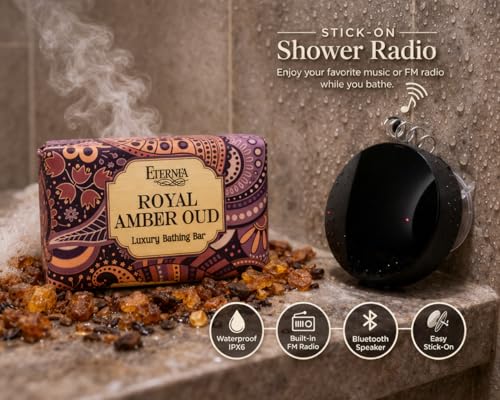 Image of Eternia Royal Amber Oud Soap with Shower Radio Combo | Rich Oud & Amber Fragrance Bath Soap | Long-Lasting Scent | Waterproof Shower Music Speaker | Luxury Bath & Gifting Set