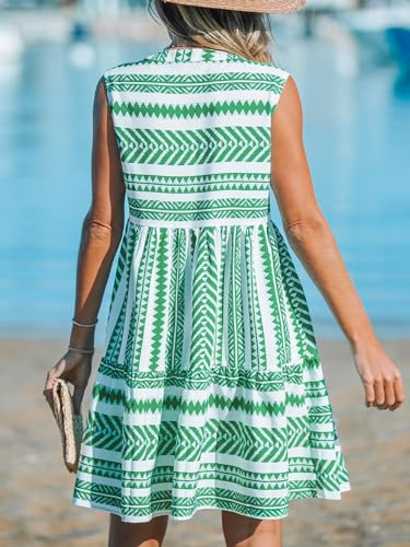 Image of CUPSHE Women's Ruffle Beach Mini Dress Split V Neck A Line Sleeveless Geometric Stripe Tropical Leaf Pattern Summer Dresses