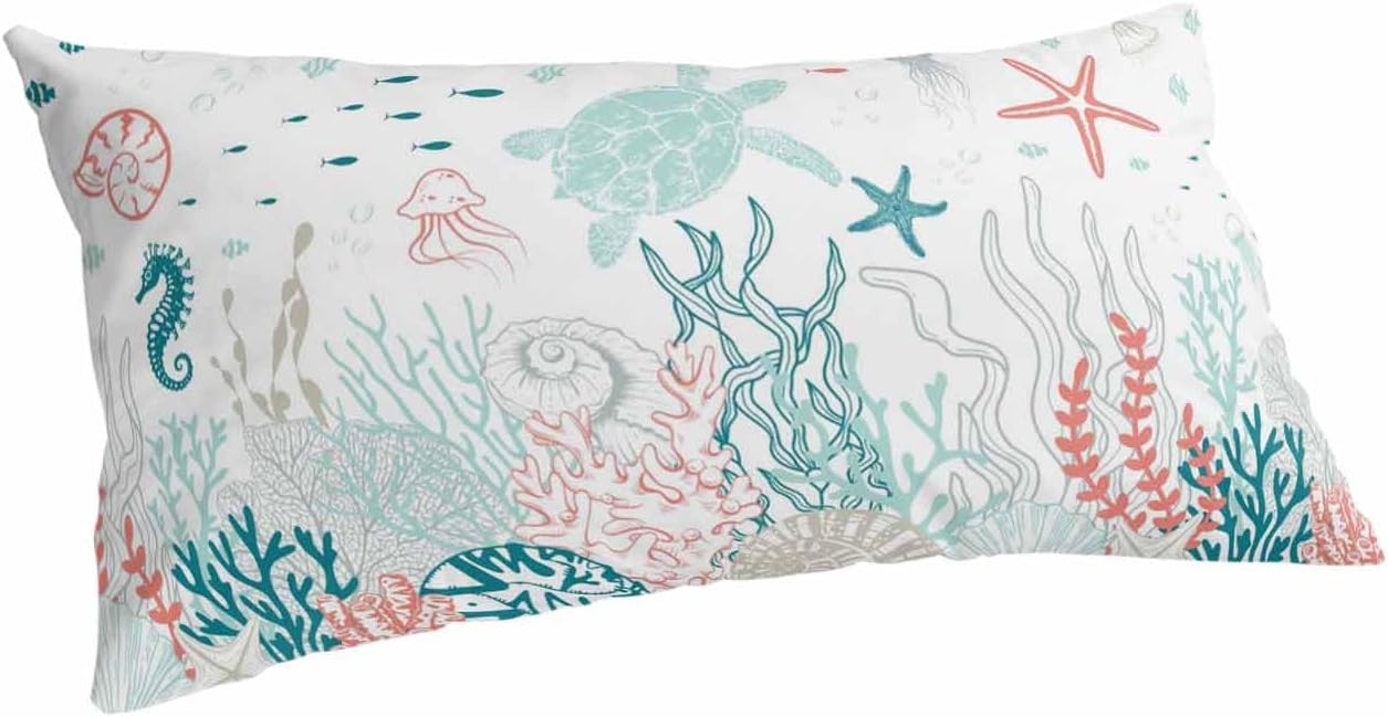 Coastal Turtle Standard Size Pillowcases,2 Packs Soft Bed Throw Pillow Covers Decorative Sofa Couch Long Body Lumbar Cushion Case Envelope Closure,Multicolor Coral Seaweed Starfish Jellyfish 20"x26"