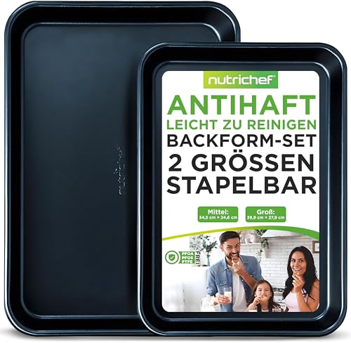 NutriChef Backbleche, 2 Stück- Backblech, Kuchenblech, Backofenblech, 40x28cm & 35.5x24.6cm, Baking Tray Antihaftbeschichtet, Leicht zu Reinigen Spülmaschinengeeignet & Stapelbar, Blau