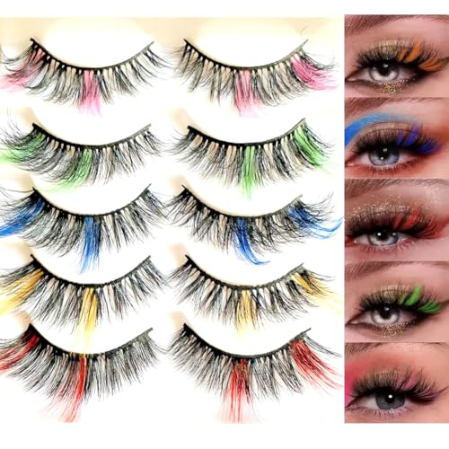 Sunniess Ombre Colored Lashes Silk Protein Fluffy Wispy Volume Fake Lashes for Halloweens Cosplay Party Stage Russian D Curl Lashes with Color Make up Faux Mink False Eyelashes