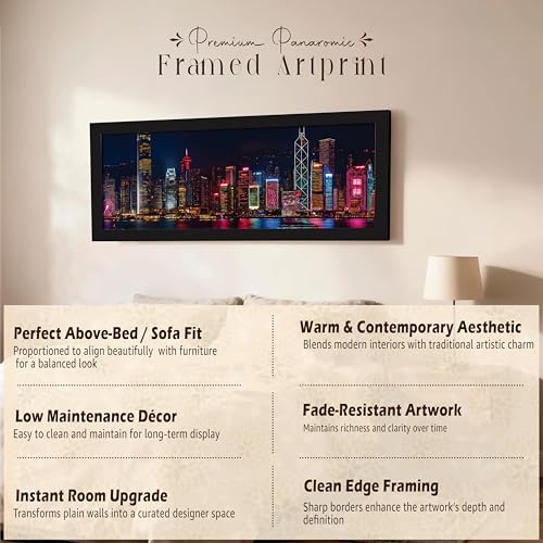 Image of PAINTINGMANTRA Vibrant Hong Kong Skyline at Night Cityscape Wall Art Framed Luxury Paintings for Home Decoration, Living room, Bedroom and Office Decoration (99x38 CM)