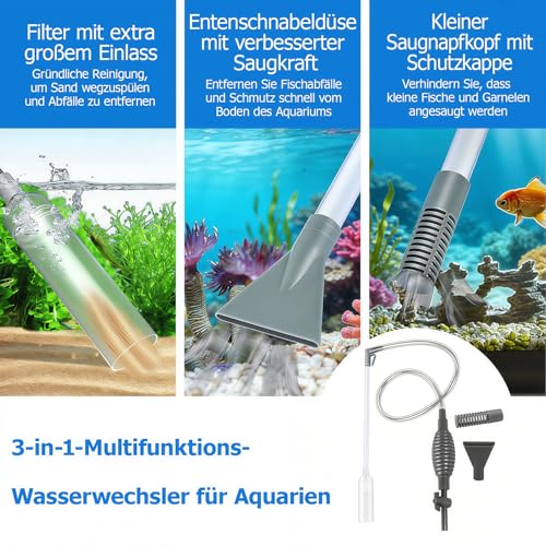 Aquarium Reinigungsset mit 3 Aufsätzen und Reinigungszubehör, 1,7m Aquarium Wasserwechsel mit Schlauchventil Handpumpe Wasserwechsel Set für Reinigen