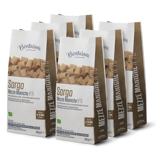 Bontasana · Mezze Maniche de Sorgo 100%, pasta naturalmente sin gluten, ecológica, Halal, Kosher, vegana y en envase sin plástico - 6 x 250g, 1,5kg