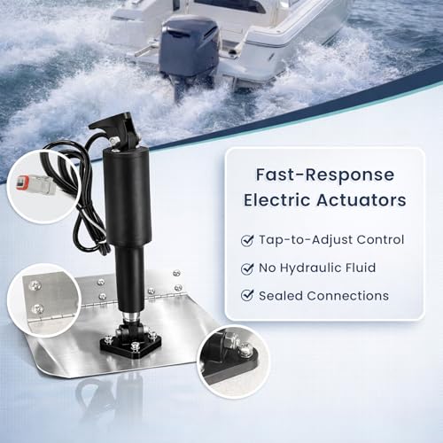 Image of 9 inch x 12 inch Standard Mount Electric Trim Tab Kit, | 12V(±3V) Boat Trim Tabs w /Double Rocker Switch,Stainless Steel Planes,Deutsch-Style Connectors for 16-25 ft Boats