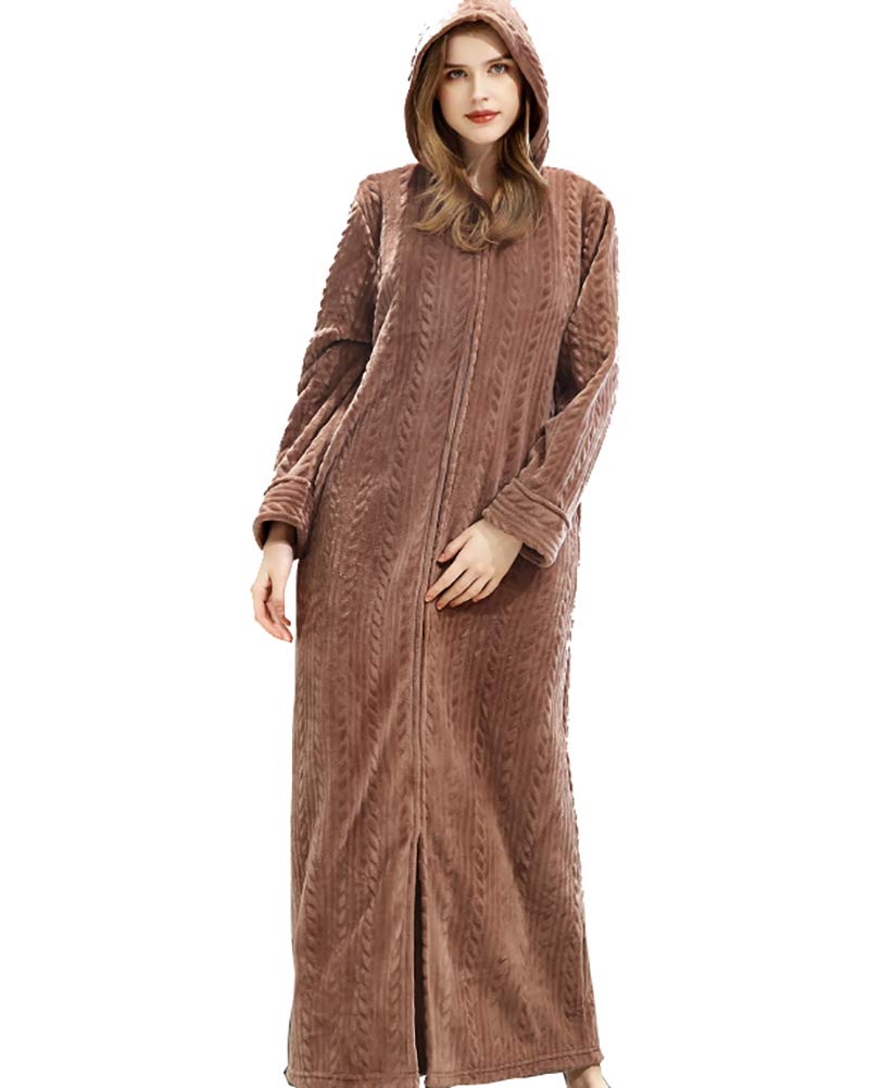 Daoba Women Dressing Gown, Flannel Soft Robe Cosy Bathrobes Fluffy Warm Hooded Housecoat for Cold Winter
