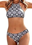 EKOUAER Damen Bustier Bikini High Neck Bikini-Set Druck Push up Badenanzug Blumendruck Neckholder Swimsuit Zweiteilig Schwimmanzug, Schwarz, EU 36(Herstellergröße: S)