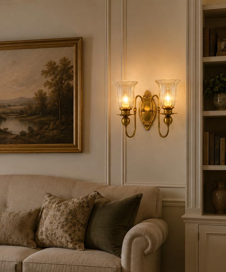 Image of Italian Wall Light, Double Golden Glass Shade, European Antique Brass Finish Lamp for Bedroom, Living Room, Drawing Room, Lobby, Hall, Room Decortion, Cafe, Hotel with Filament Bulb, Gold