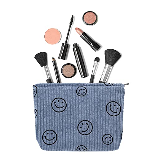 Pazimiik Makeup Bag Large Zipper Make Up Pouch For Purse Travel Canvas Cosmetic Organizer For Women Brush Storage,Corduroy Smile Blue #TOP2