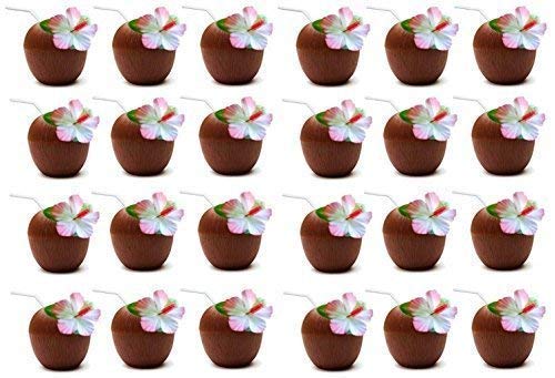 Quickdraw 24 X Noix de Coco Tasses avec Papier Pailles Hawaïen Plage Tropical Luau Hula Tiki Fête
