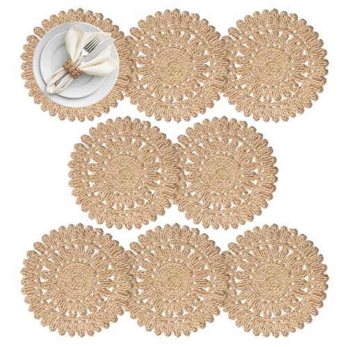 Image of 13.8 inch Set 8 Round Corn Husk Placemats | Boho Woven Rattan Table Mats | Natural Spring Farmhouse Plate Chargers | Handmade Rustic Wicker Place Mats for Christmas Wedding