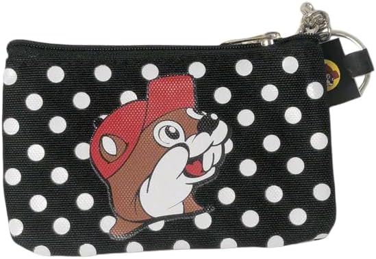 Buc-ee's Coin Purse with Keyring, Black and White Polka Dot Pattern