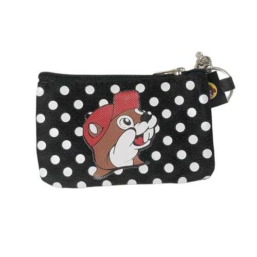 Buc-ee's Coin Purse with Keyring, Black and White Polka Dot Pattern