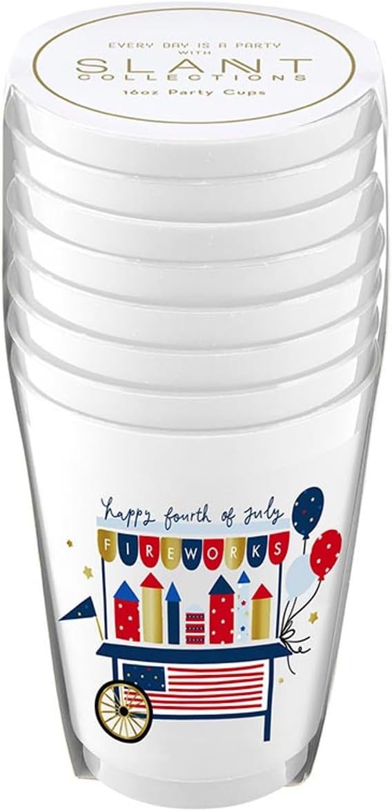 Slant Patriotic Party Supplies Plastic Cups - 8-Count Reusable Frosted Drink Glasses, 16-Ounce, Fireworks image 2