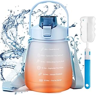 Sakiida 1L Water Bottle with Straw Sports Drinks Bottle with Time Markings Leak Proof, Flip Cap, Portable, Locked (Starry orange)