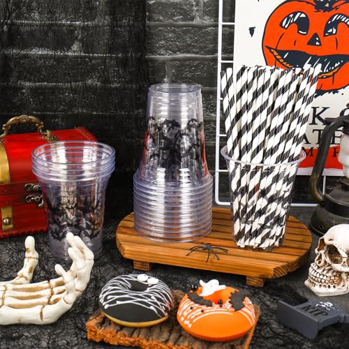 Whaline 50Pcs 12Oz Halloween Plastic Cups with Lids & Straws Black Bat Disposable Clear Drinking Cups for Home Party Supplies — photo 4