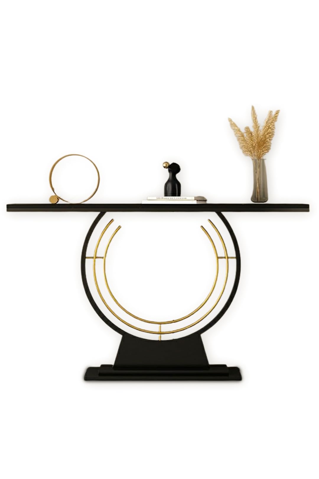 HYGRAD BUILT TO SURVIVE 120cm Wide Free Standing Narrow Slim Marble Effect Sintered Stone Metal Half Moon Base Console Sofa End Table Hallway Furniture (Black/Black)