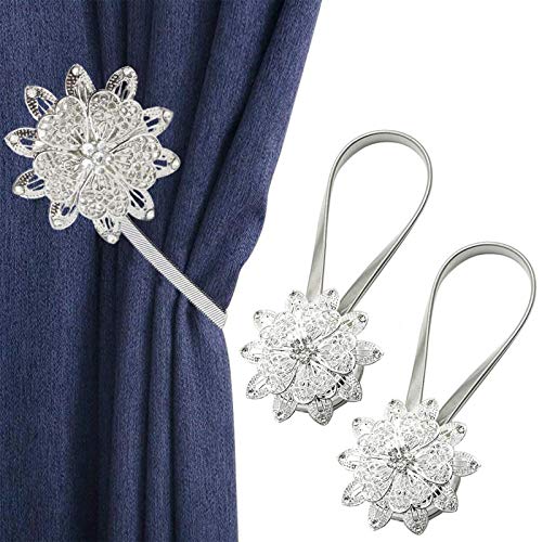 IAGORYUE Abrazadera Cortinas - Abrazaderas Cortinas Iman de Flor de Cristal - Sujeta Cortinas con Cuerda Telescópica - Alzapaños Cortinas Decoracion para Salón, Dormitorio, Oficina - 2 Piezas - Plata