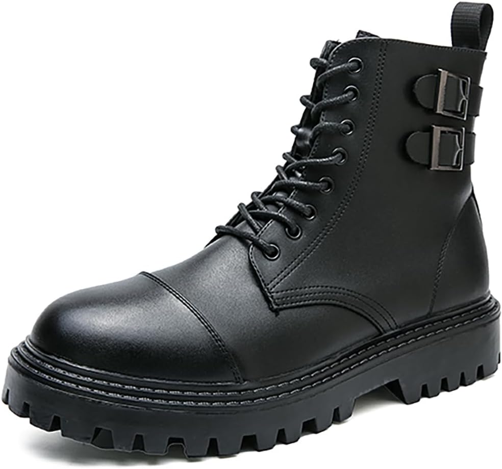 Men's Leather Lace-Up Platform Motorcycle Boots Fashion Round Toe Side Zipper High Top Combat Boots with Adjustable Buckle Comfort Non-Slip Lug Sole Ankle Boots