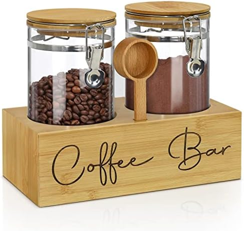 Glass Coffee Containers with Shelf,Coffee Station Organizer,Glass Storage Jars with Spoon,2x48oz Coffee Bean Storage with Airtight Locking Clamp Glass Coffee Canister for Coffee Bean,Ground Coffe,Nuts