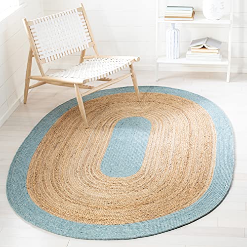 SAFAVIEH Braided Collection 5' x 7' Oval Blue / Natural BRD910M Handmade Country Cottage Reversible Jute Area Rug -  BRD910M-5OV
