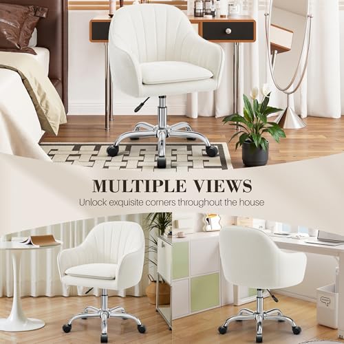 Image of Vanity Chair with Wheels, Comfy Home Office Desk Chairs Adjustable Modern Velvet Makeup Vanity Chairs for Bedroom Living Room-Beige