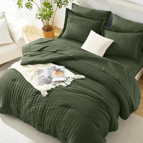 Image of HIMEET Full Size Comforter Sets - 7 Pieces Seersucker Bed in a Bag, Boho Bedding Sets for Bedroom Decor, All Season Home Essential Bed Set with Comforter, Sheets, Pillowcases & Shams, Olive Green