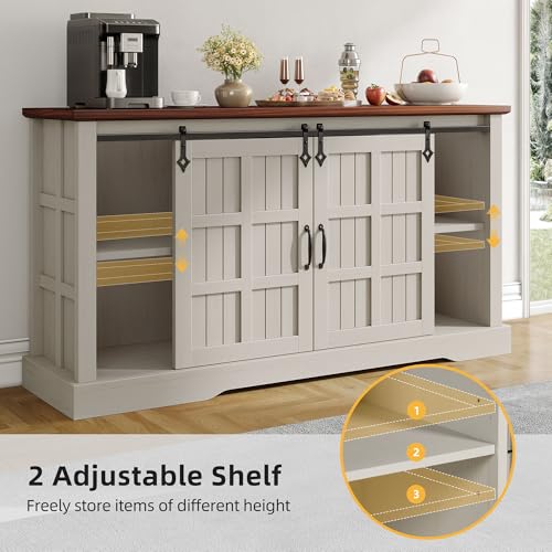 DWVO 59" Kitchen Storage Cabinet, Sideboard Buffet Cabinet with Storage, Sliding Barn Doors and 4 Drawers for Living Room/Kitchen, White Oak