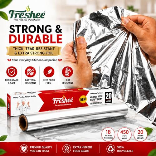 Image of Freshee 20m Heavy Duty Aluminium Foil Roll 45cm Extra Wide Silver 18 Micron Thick, Food Wrapping Paper roll, Kitchen, Disposablel for Food Delivery, Keeps Food Fresh & Hot for Long