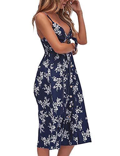 Image of FANCYINN Womens Tie Front Button Down A-Line Dresses Summer Spaghetti Strap Midi Dress Floral Prints