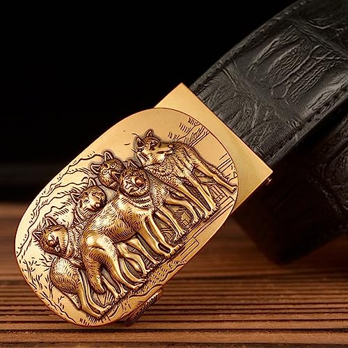 Men's Crocodile Pattern Leather Belt - Automatic Ratchet Buckle With Engraved Wolf Design For Dress & Casual4