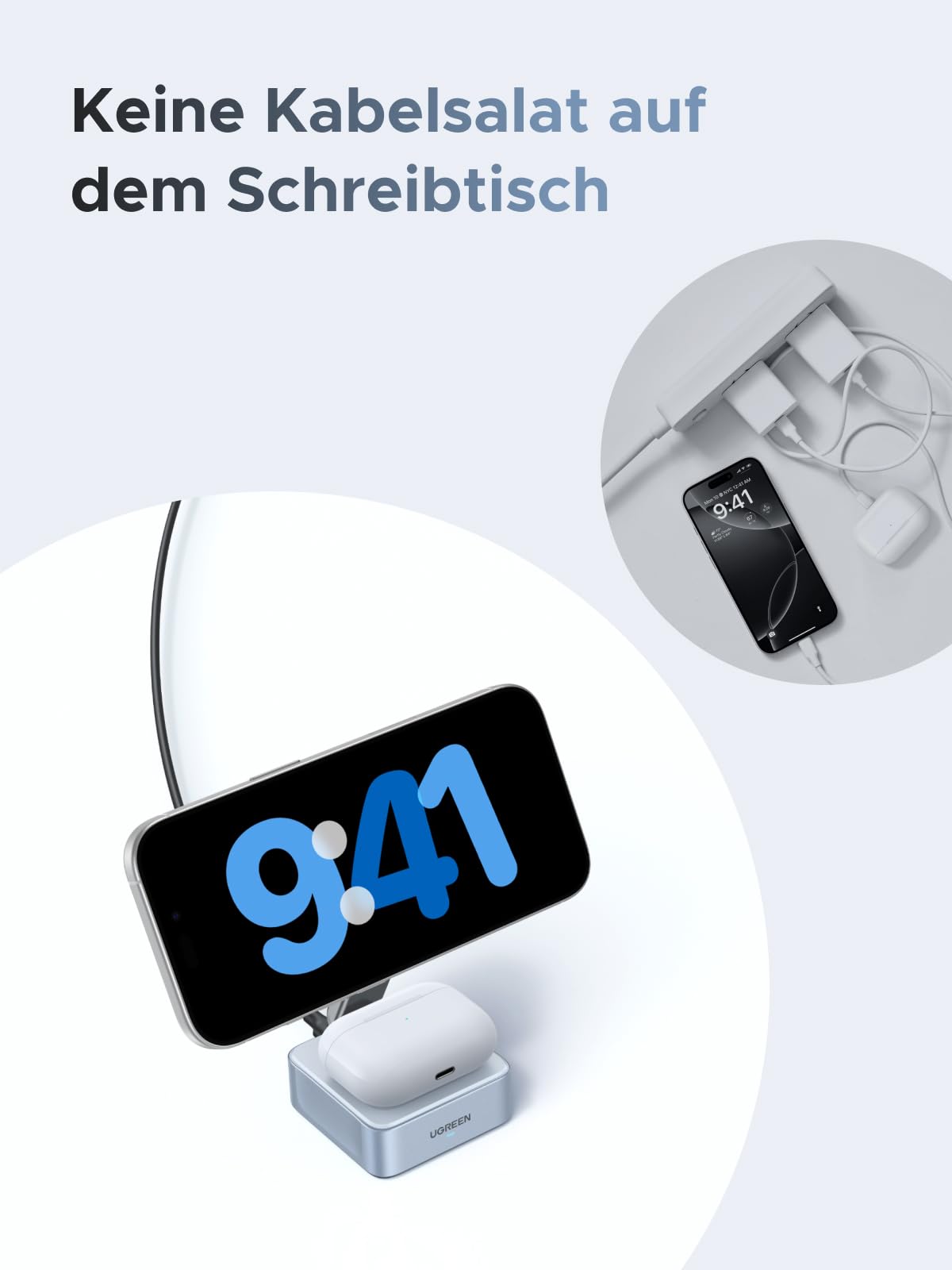 UGREEN MagFlow Qi2 25W 2 in 1 iPhone Faltbare Ladestation mit Magsafe | 70° neigbar und reisefreundlich, kabelloses Ladegerät, Qi2 zertifziert, kompatibel mit iPhone 17/16, Airpods, mit 1m Kabel