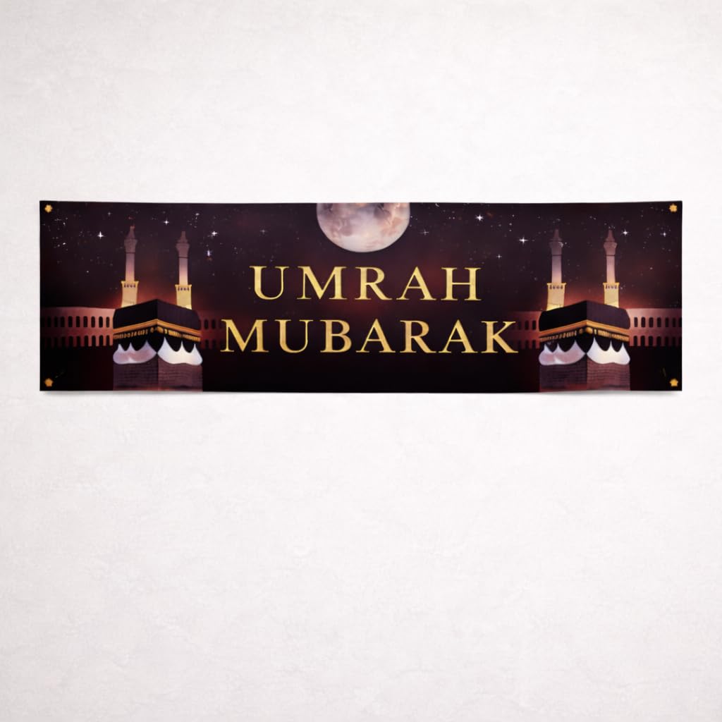 Bannière Umrah Mubarak noire idée cadeau décoration pour retour de la mecque