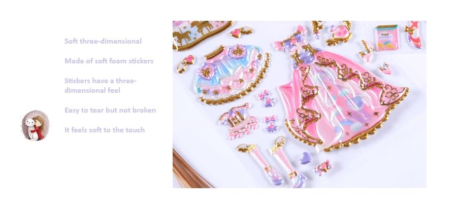 Image of 3D Puffy Princess Party Stickers Set for Kids - Dream Party Fairy Girl Stickers with Dresses & Accessories for Scrapbooking, Journals, School Projects & DIY Crafts