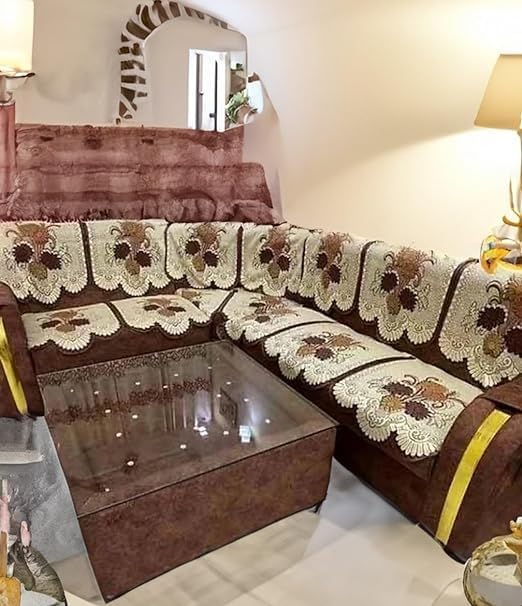 BALLEY Floral Design L Shape net Sofa Cover 7 Seater Sofa Cover for L