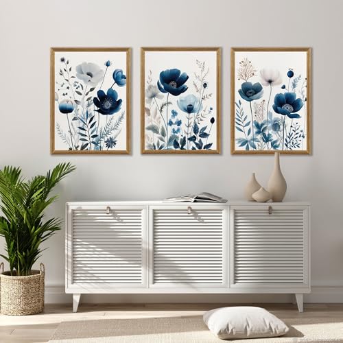 Image of DUWQU Triptych Navy Blue Watercolor Botanical Floral Wall Art 16x24 in x3