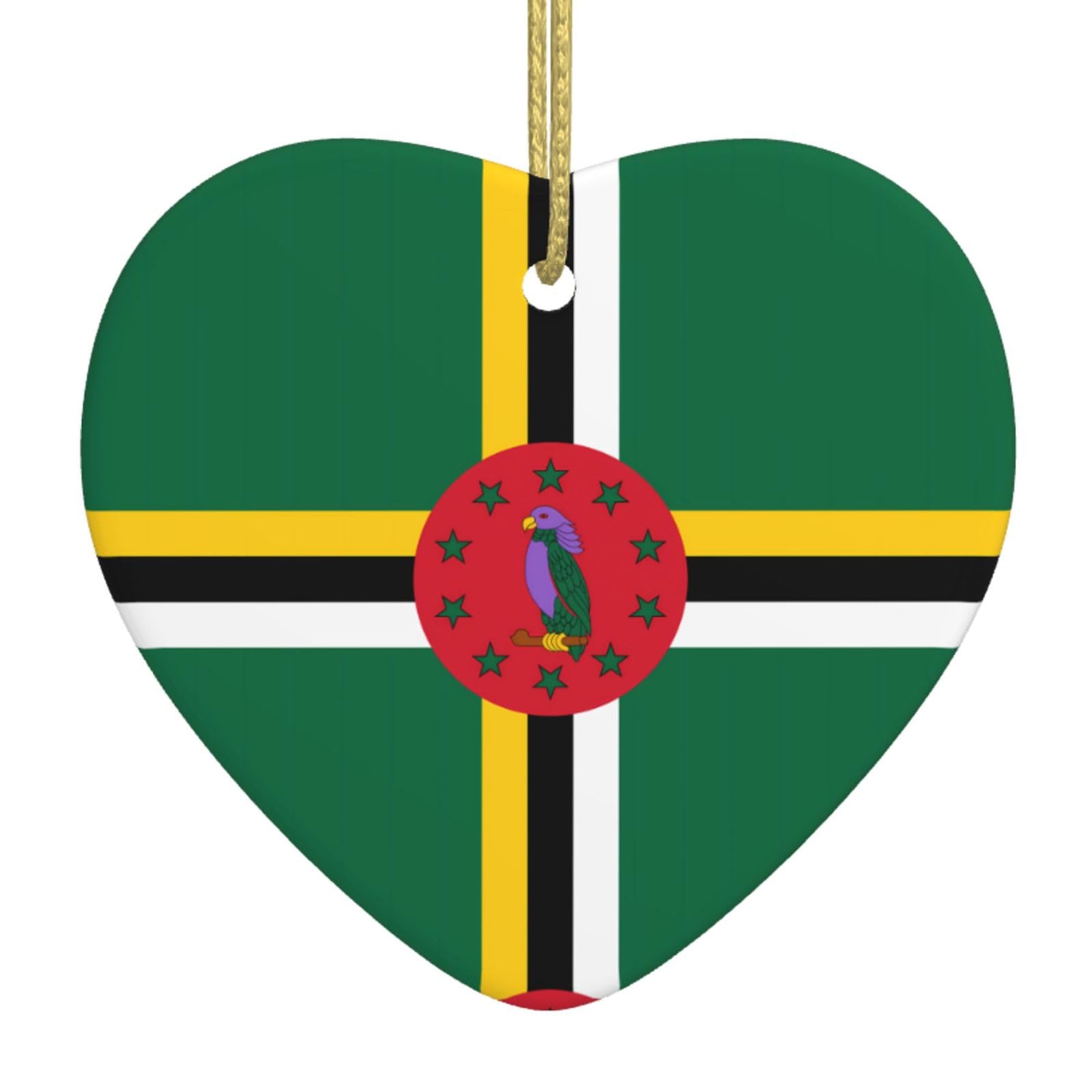 Flag of The Commonwealth of Dominica Ceramic Christmas Heart Pendant with Silk Thread, Christmas Tree Home Decoration