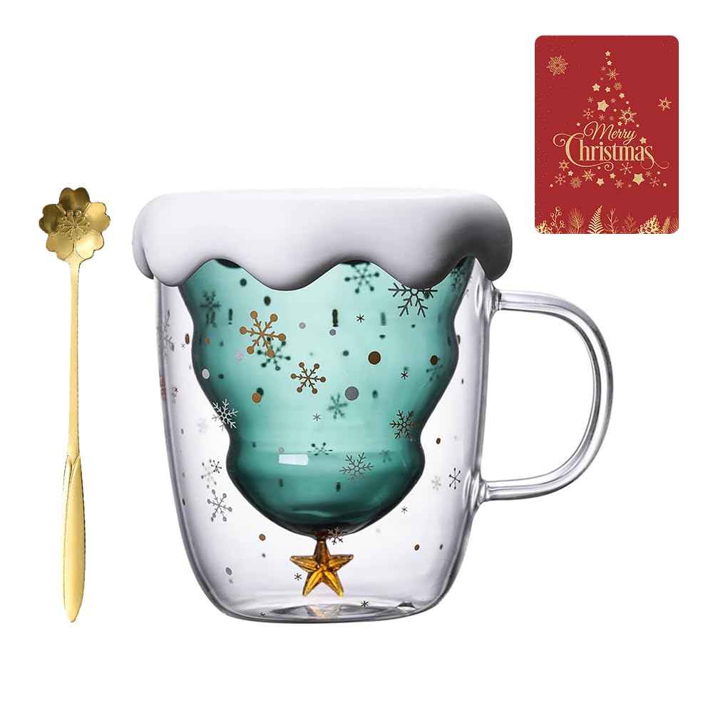 Tazza Doppia Parete Albero Di Natale 3D - 300 Ml, Con Cucchiaio, Sottotazza, Ciondolo Renna, Regalo Natalizio