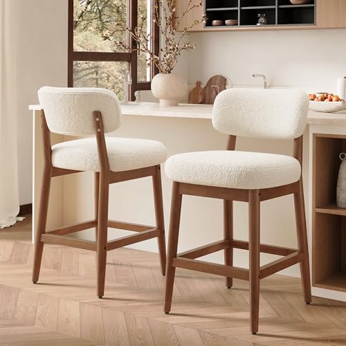 Image of Counter Height Solid Wood Bar Stools Set of 2, Fluffy Boucle Bar Chairs with Thick Cushion, Mid-Century Modern Upholstered Stools with Backrest for Kitchen Island, Home Bar, White
