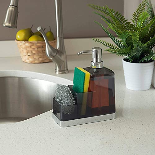 Kitchen & Bathroom Countertop Soap Dispenser with Two Accessory Compartment Caddy for Sponge, Toothbrush, Scrubbers