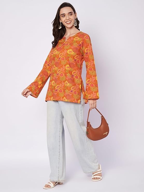 Short Cotton Kurti for Women, Short Tunic Tops on Jeans, V-Neck, Long Bell Sleeves, Floral Design - Image 7