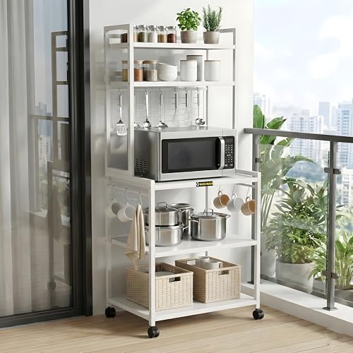 Image of Heavy-Duty 5-Tier Microwave Oven Stand with Wheels | Metal Kitchen Appliance Rack with Hooks & Storage Shelves | Air Fryer, OTG, Oven Organizer Trolley (MS 5 White)