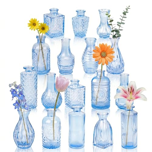 Glass Bud Vases in Bulk Set of 17 Blue Small Mini Vases for Flowers Vintage Vase for Centepiece Wedding Table Decor Baby Shower Christmas Home and Events
