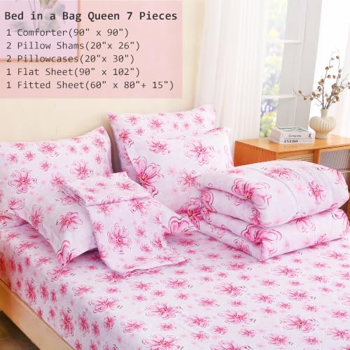 Image of lasoftan Floral Queen Comforter Set with Sheets, 7 piece Luxury Vintage Bedding, Soft Microfiber Bed in a Bag, Cozy Lightweight Bed Set, Pink Floral